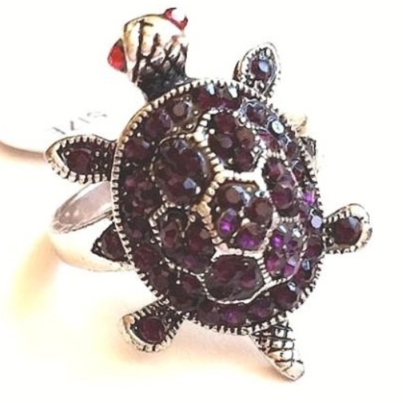 Silver Sea Turtle Ring Size 9 Purple Crystal Nautical Plated Island Beach Cute - Picture 1 of 8